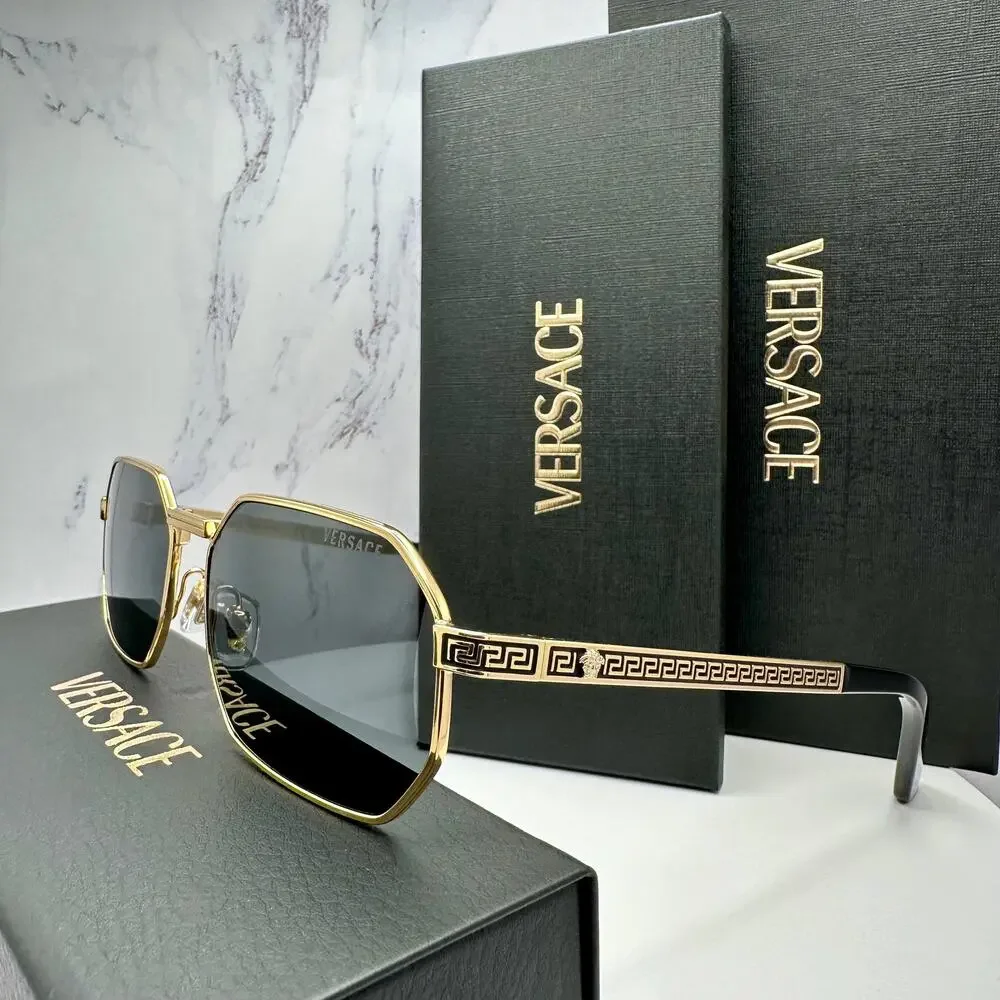 New VERSACE Sunglasses Gold Metal Rectangle Greca Logo Grey Lens Retro Authentic